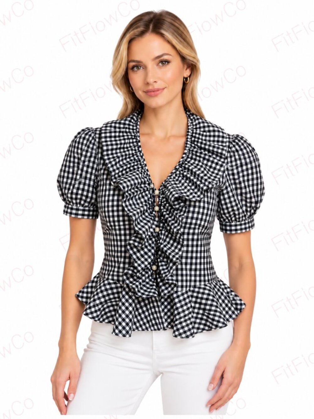 Lauren Ralph Lauren Gingham Structured Ruffle Peplum Blouse Women L Black White